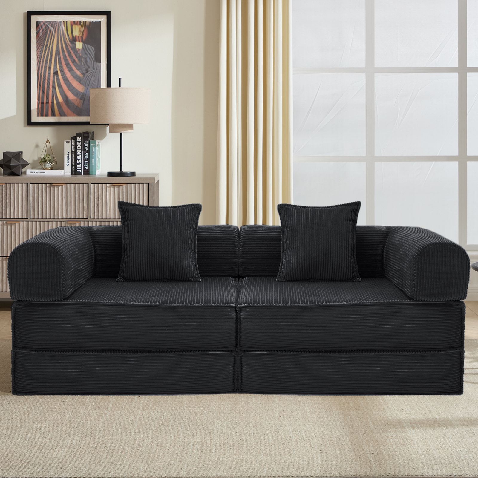 78" Convertible Sleeper Sofa Bed, Modular Corduroy Couch With 2 Pillows, Compressed Floor Sofa For Living Room, Bedroom (Black)_voghion.com